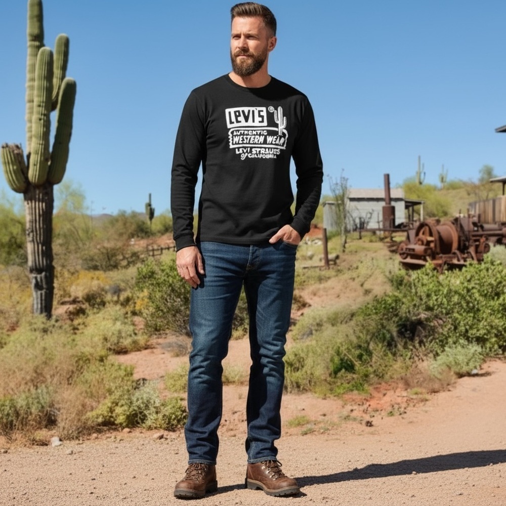 Levi’s Authentic Western Wear Long Sleeve Shirt Men’s M Black Waffle Knit Cactus